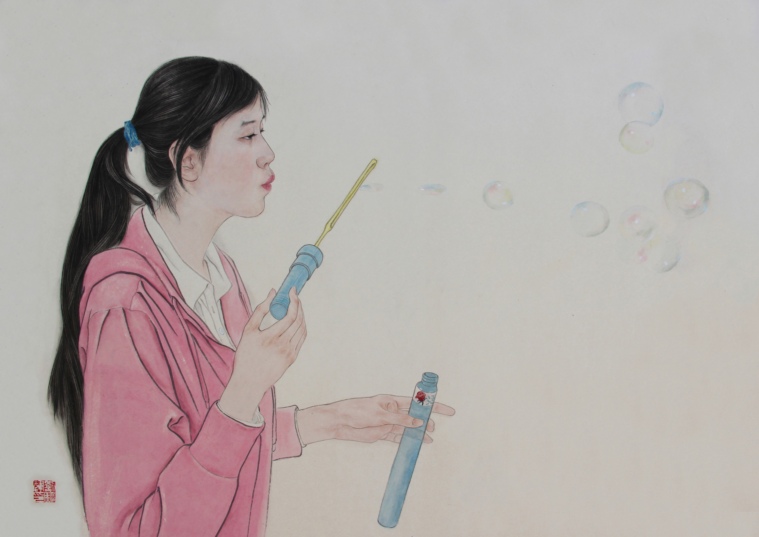 6.《吹泡泡的女孩》62cmx87cm纸本设色2014.JPG