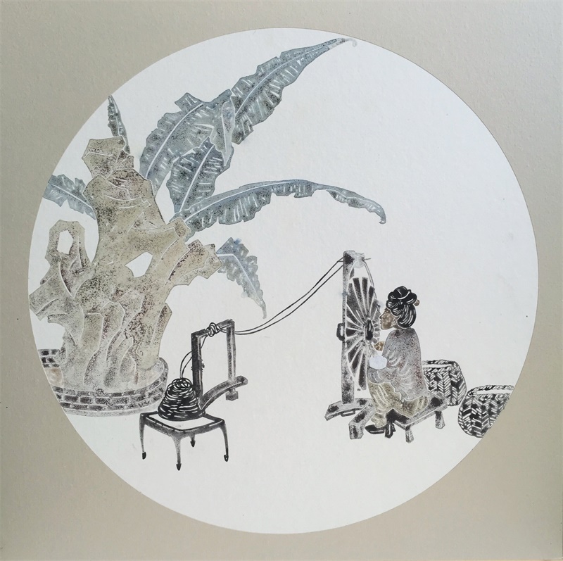 《纺线娘》50X50cm 纸本设色