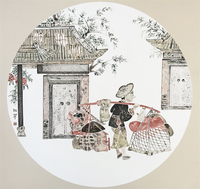 《挑担郎》50X50cm 纸本设色