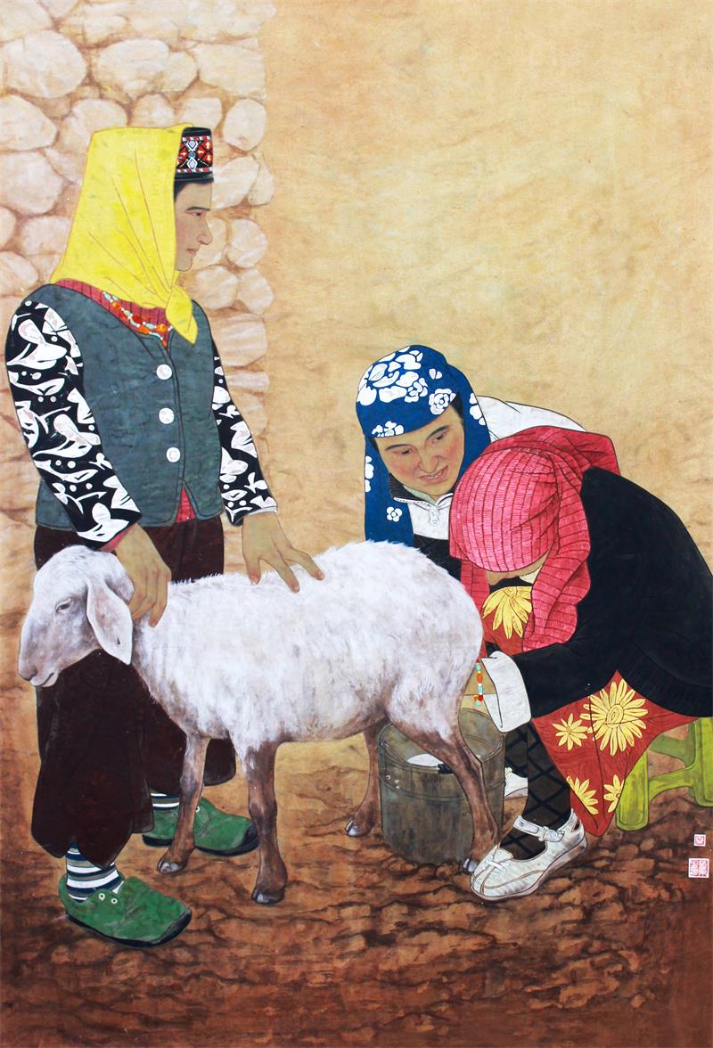 《挤羊奶》180cmx100cm 纸本 2013年.jpg
