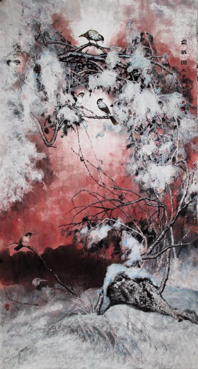 7,刘彩霞《霜栖图》180x97cm冰雪工笔花鸟 &nbsp;2010年5月应邀山东省