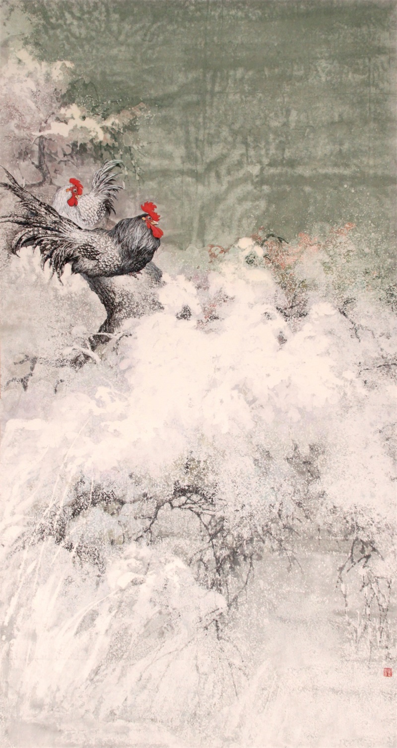 4,刘彩霞《雪情》95x180 冰雪工笔花鸟 入选中国工笔画学会主办的2012