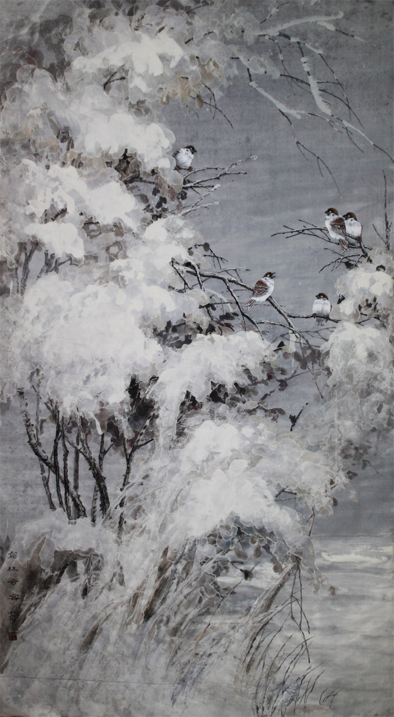 9,刘彩霞《霜林会客》97x180cm 冰雪工笔花鸟 入选中国工笔画学会主办