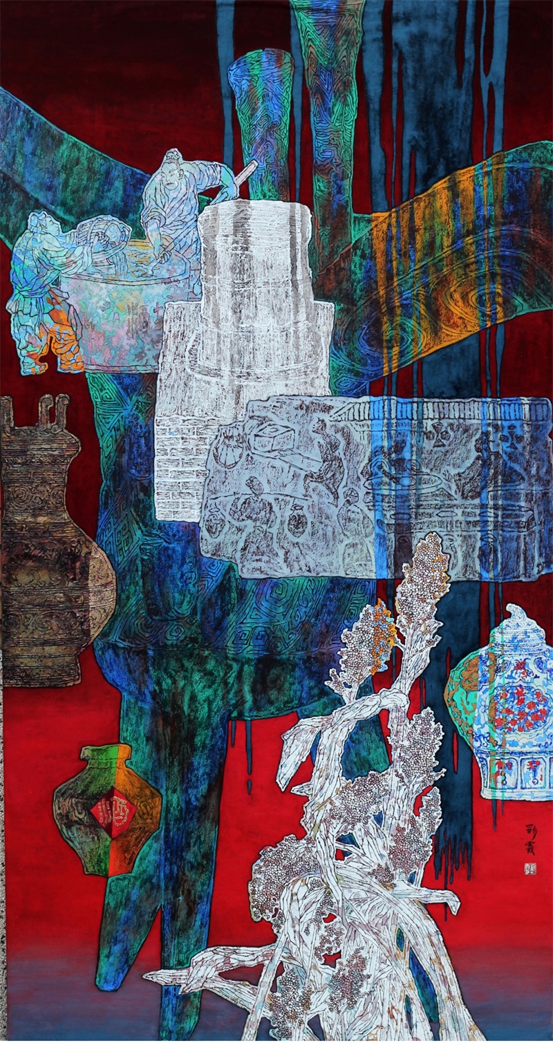 3,刘彩霞 中国重彩画 作品名称:《醁》尺寸:180x95cm 材质:纸本,矿物